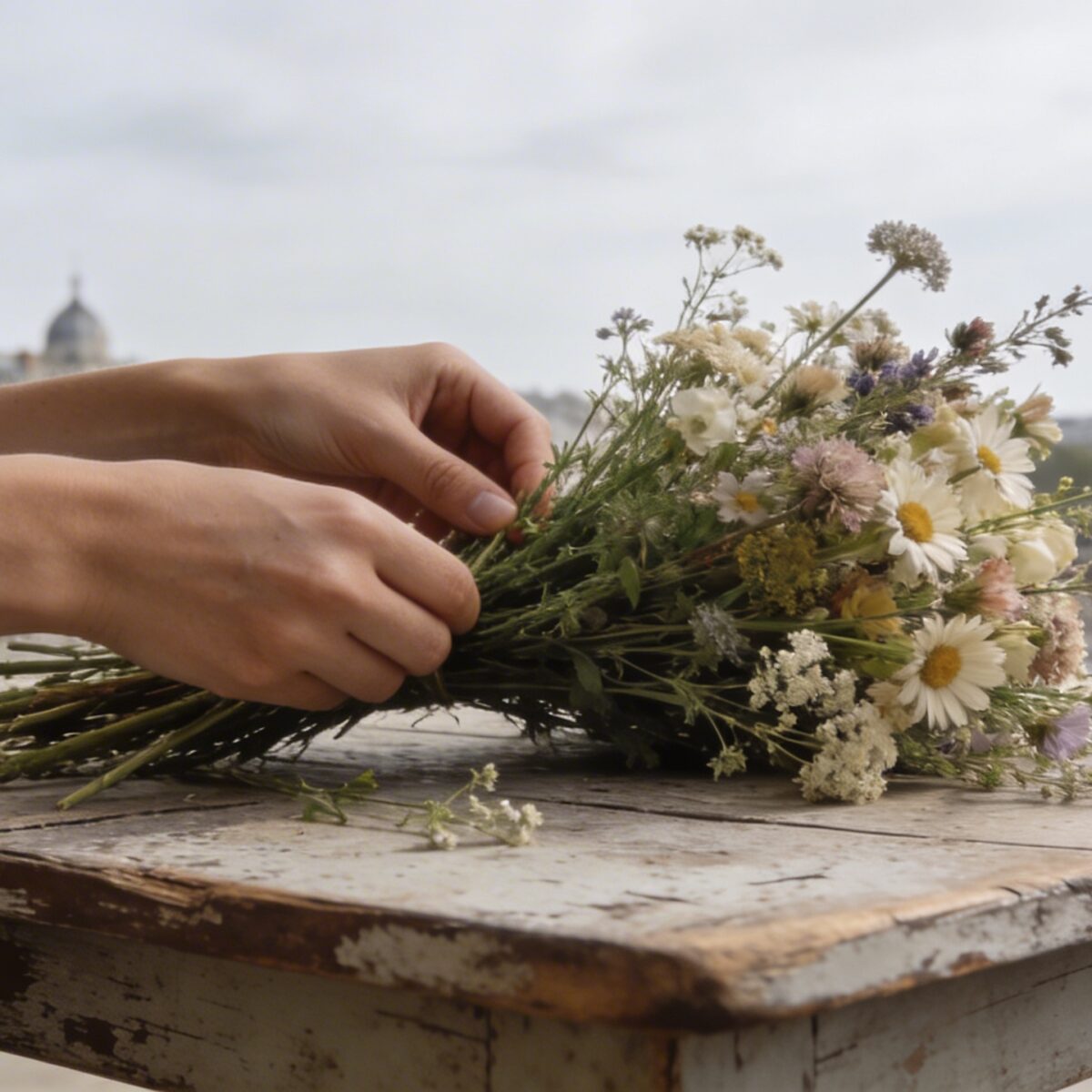 Bouquet champetre sur table en bois a Paris, mains arrangeant fleurs