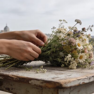 Bouquet champetre sur table en bois a Paris, mains arrangeant fleurs