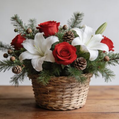 Bouquet de fleurs de Noel fait main sur table en bois