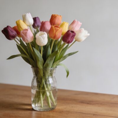 Bouquet de tulipes colorees dans un vase en verre sur table