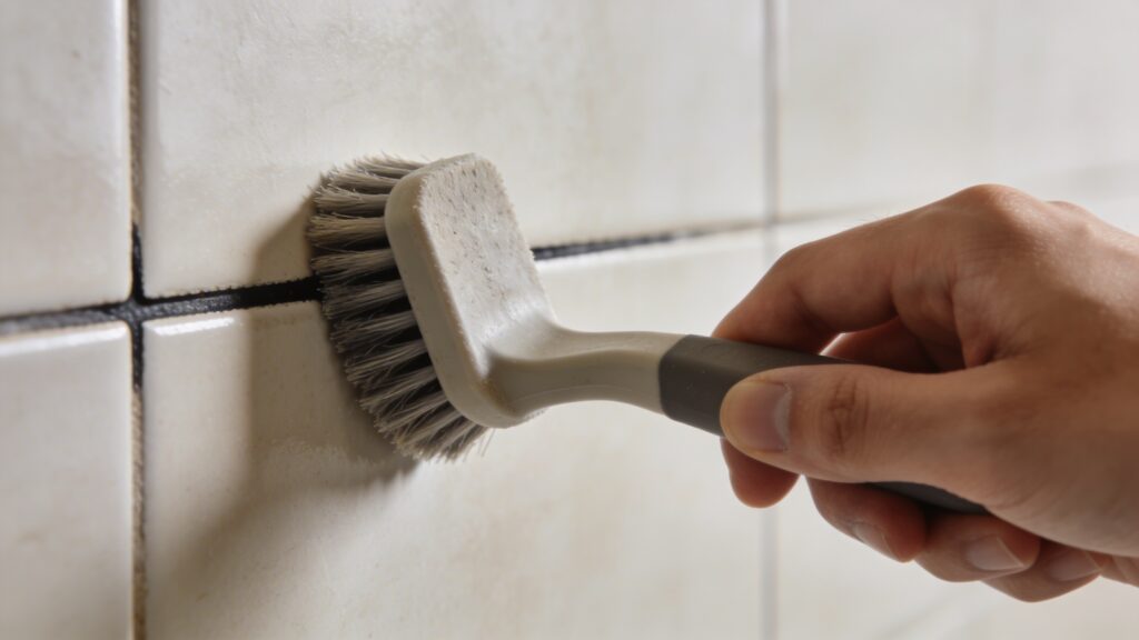 Main tenant une brosse frotte joints de carrelage