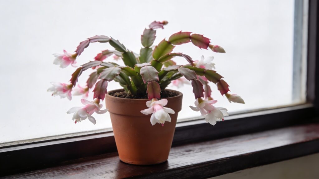 Cactus de Noel en pot sur rebord sombre