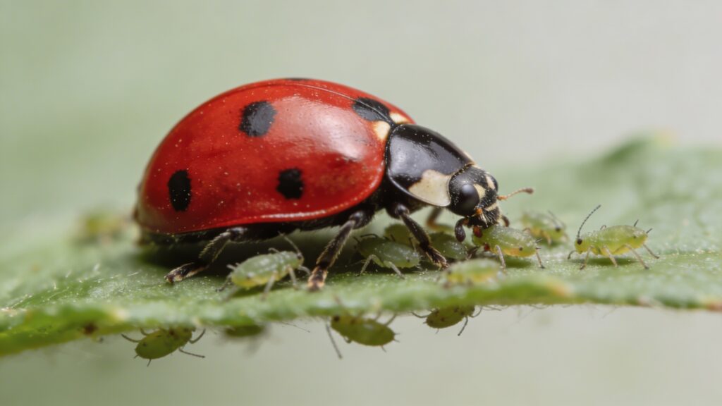 Coccinelle rouge mangeant des pucerons sur feuille verte