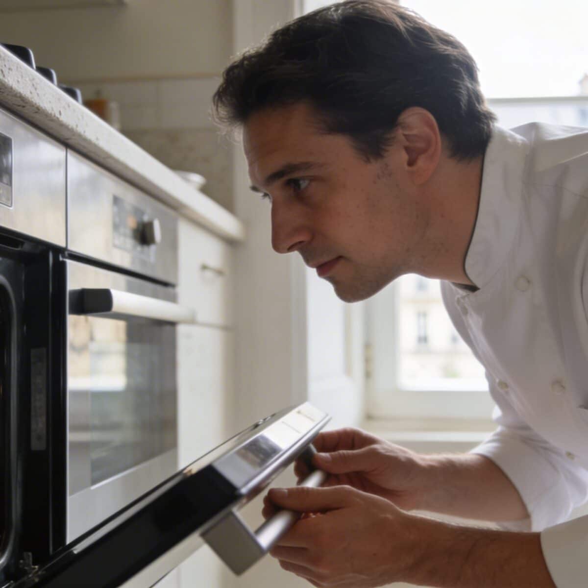 Cuisinier penche un four moderne dans une cuisine parisienne lumineuse