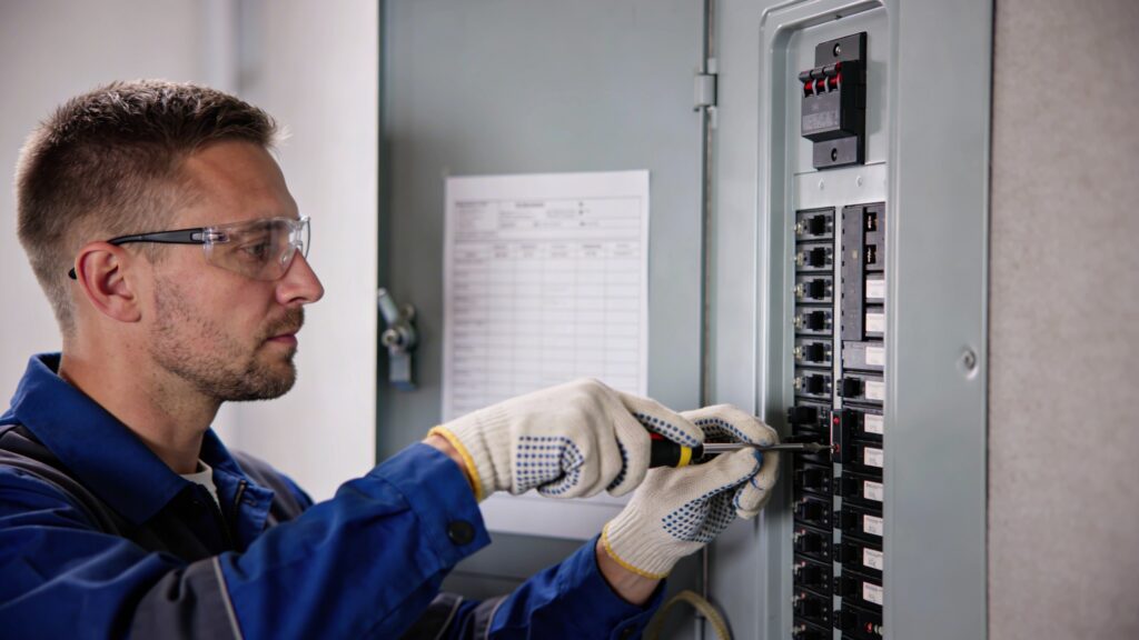 Electricien coupe le disjoncteur principal au tableau