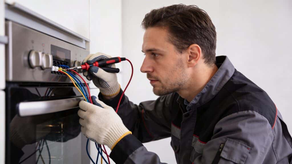 Electricien fixant fils du four dans domino