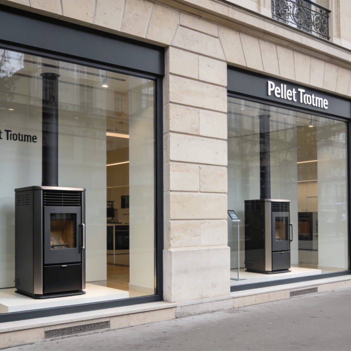Facade de magasin de poeles a granulés en centre ville Paris