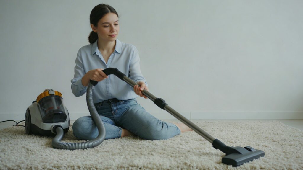 Femme assise sur tapis epais tenant aspirateur