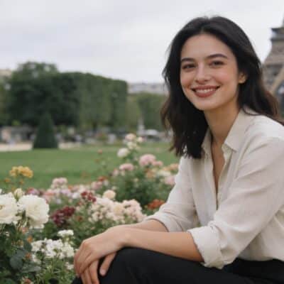 Femme souriante assise dans un parc parisien entourée de fleurs