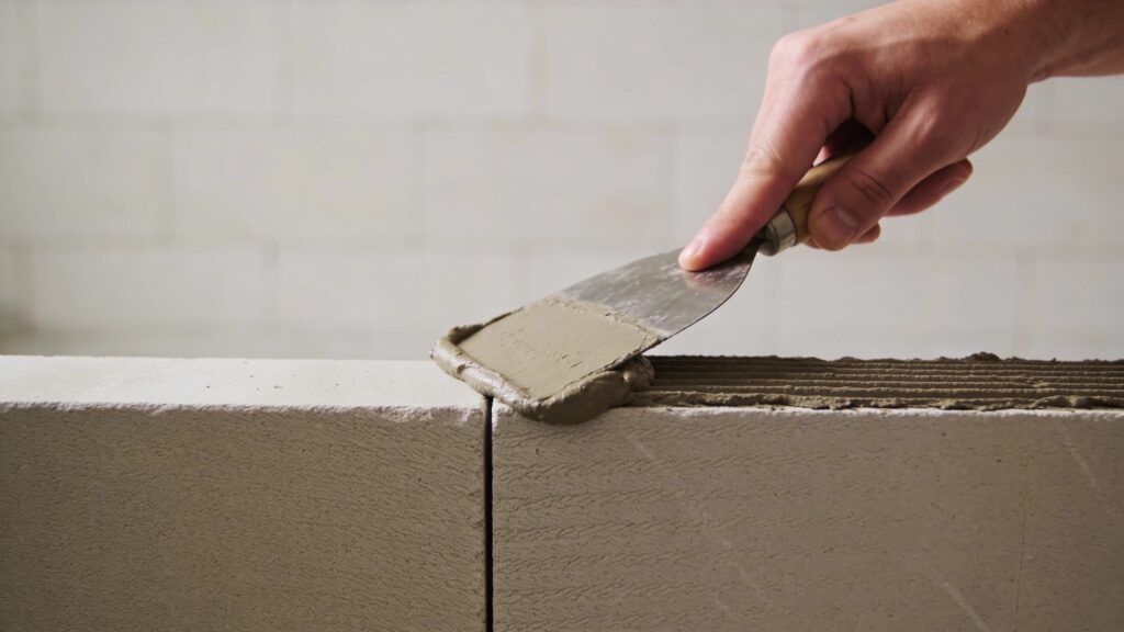 Main de bricoleur appliquant enduit sur joint horizontal