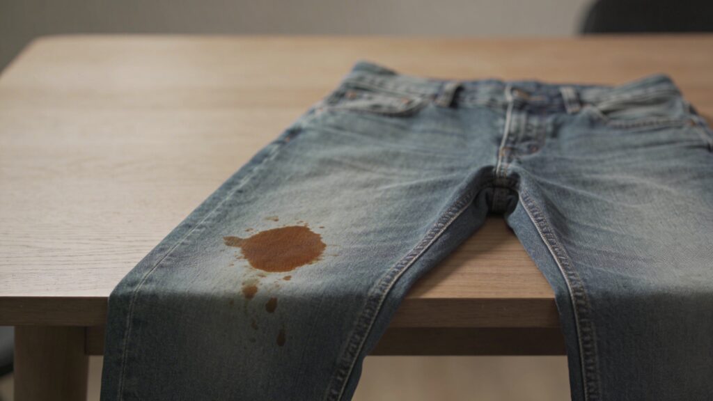 Main tenant un jean tache sur une table