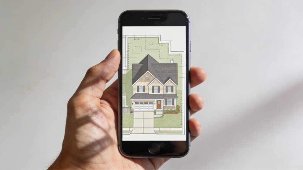 Main tenant un smartphone affichant carte de maison