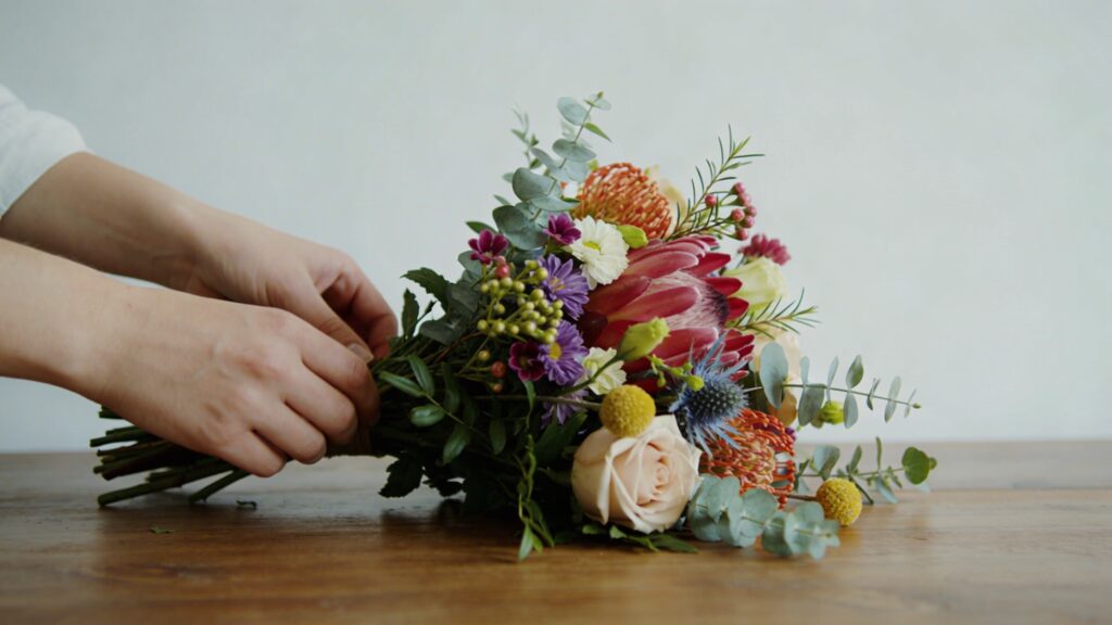 Mains ajustant un bouquet colore sur table en bois