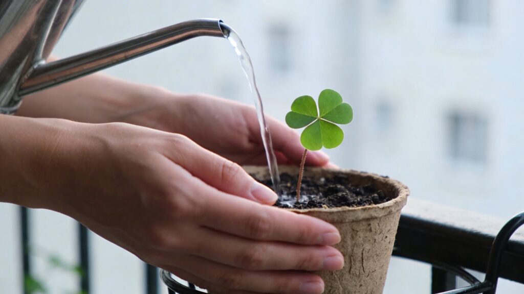 Mains arrosant doucement un pot d oxalis sur balcon