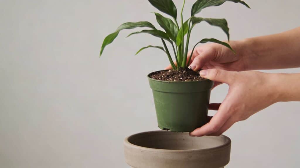 Mains rempotant une plante verte dans pot larger
