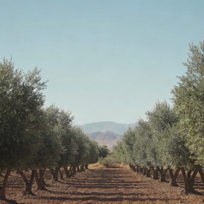 Oliviers alignes sous ciel bleu a Marrakech avec montagnes lointaines