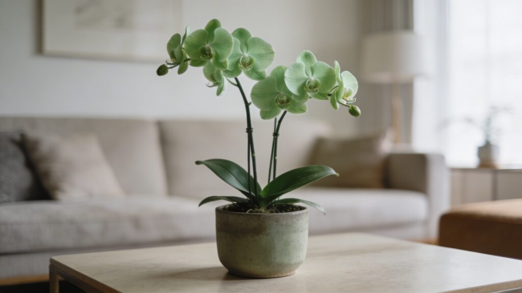 Orchidees vertes en pot sur table de salon