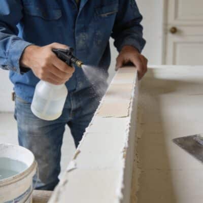 Ouvrier francais humectant une bande de placo dans un appartement Parisien