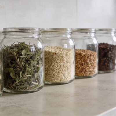 Plan de travail cuisine avec bocaux en verre remplis d ingredients naturels