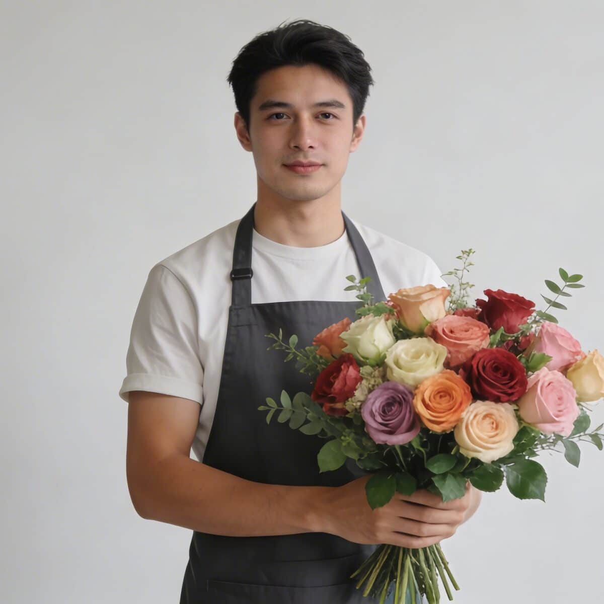 Portrait serre fleuriste homme debout tenant bouquet roses colorées