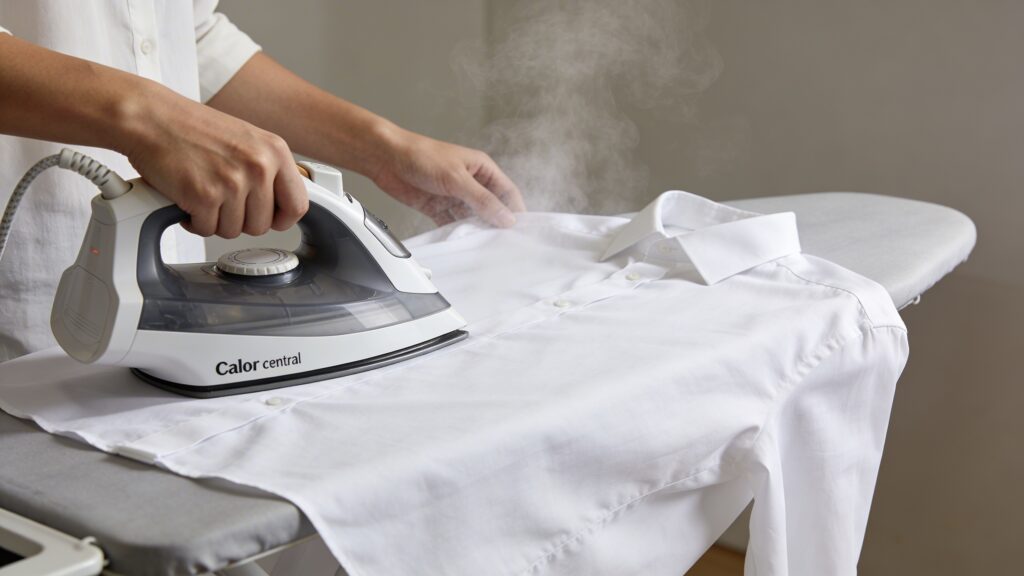 Personne repassant chemise blanche avec centrale vapeur Calor
