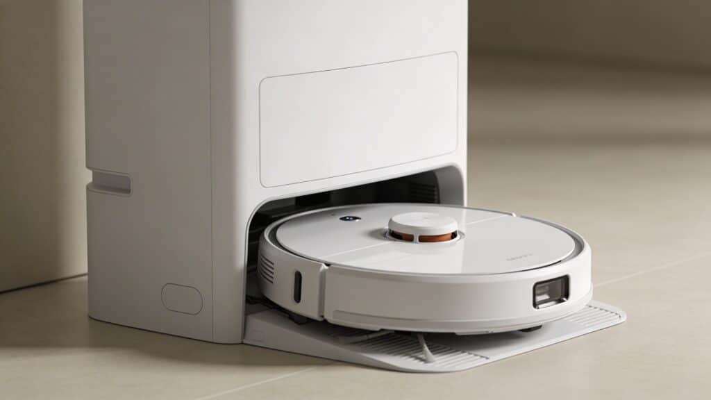 Robot aspirateur rentrant dans grande base blanche multifonction