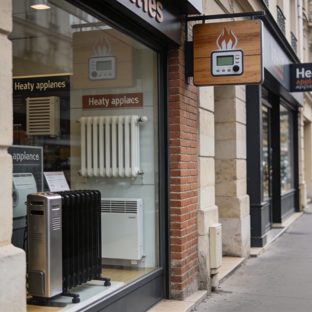 Rue commercante de Paris avec magasins d appareils de chauffage