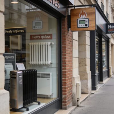 Rue commercante de Paris avec magasins d appareils de chauffage