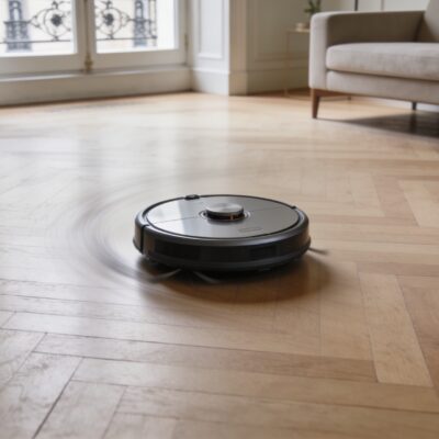 Salon moderne a Paris avec aspirateur robot circulant sur parquet clair
