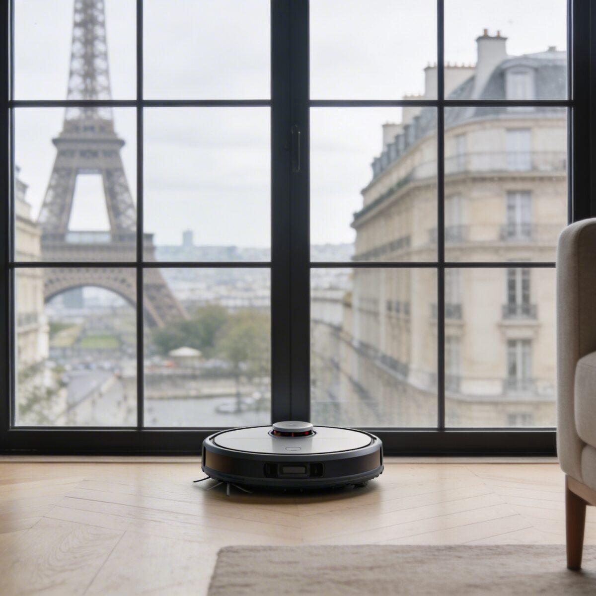 Salon moderne a Paris avec robot aspirateur rond devant baie vitree