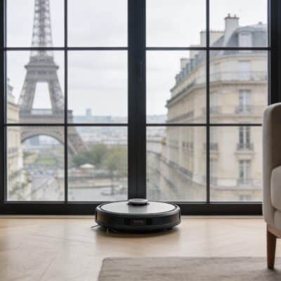 Salon moderne a Paris avec robot aspirateur rond devant baie vitree