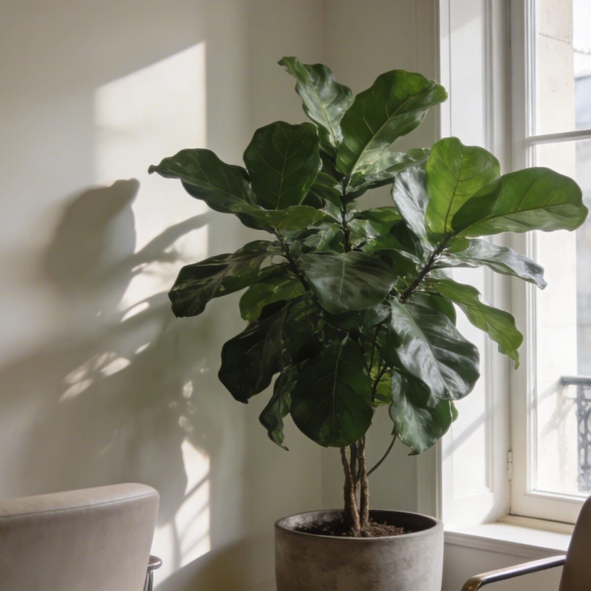 Salon moderne parisien avec grande plante verte en pot pres de la fenetre