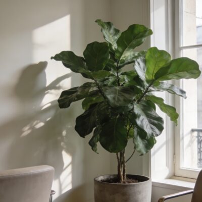 Salon moderne parisien avec grande plante verte en pot pres de la fenetre