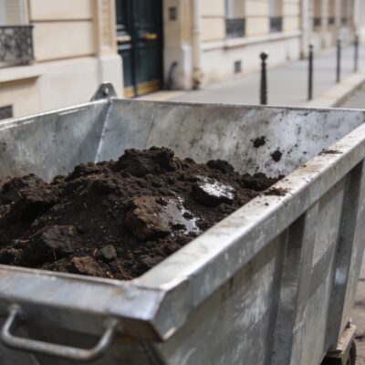 Tas de terre humide dans benne metallique pres de Paris