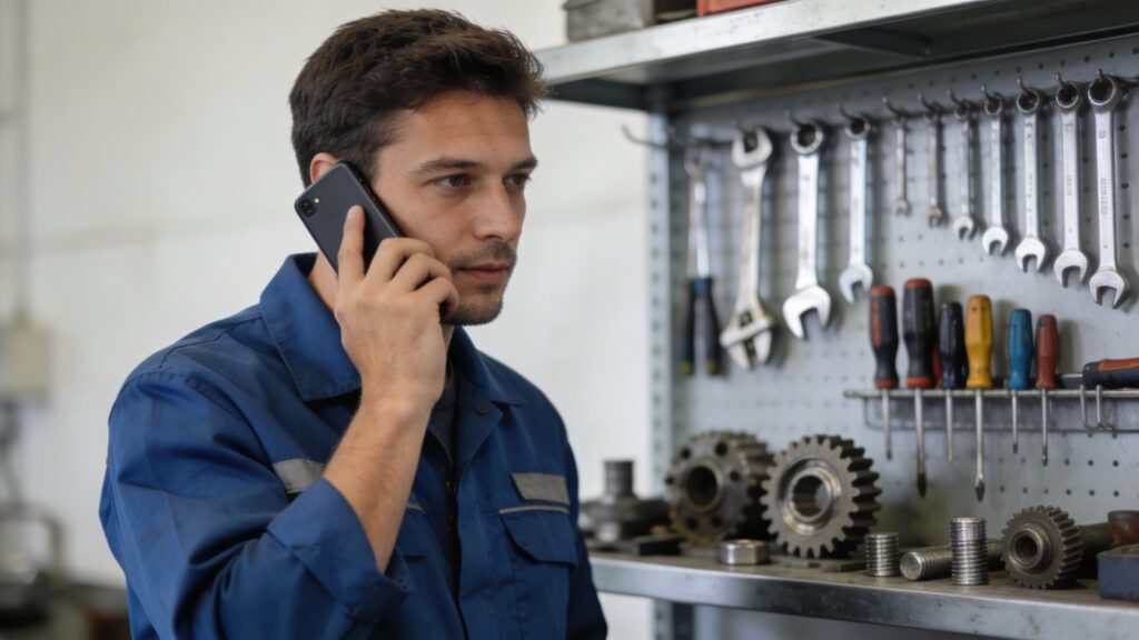 Technicien au telephone devant etagere d outils et pieces