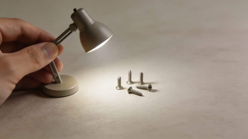 Main tenant une lampe eclairant de petites vis